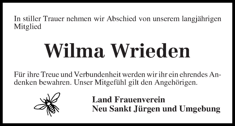 Traueranzeige von Wilma Wrieden von Wuemme Zeitung