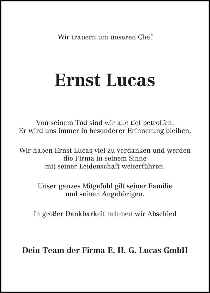  Traueranzeige für Ernst Lucas vom 30.07.2014 aus WESER-KURIER
