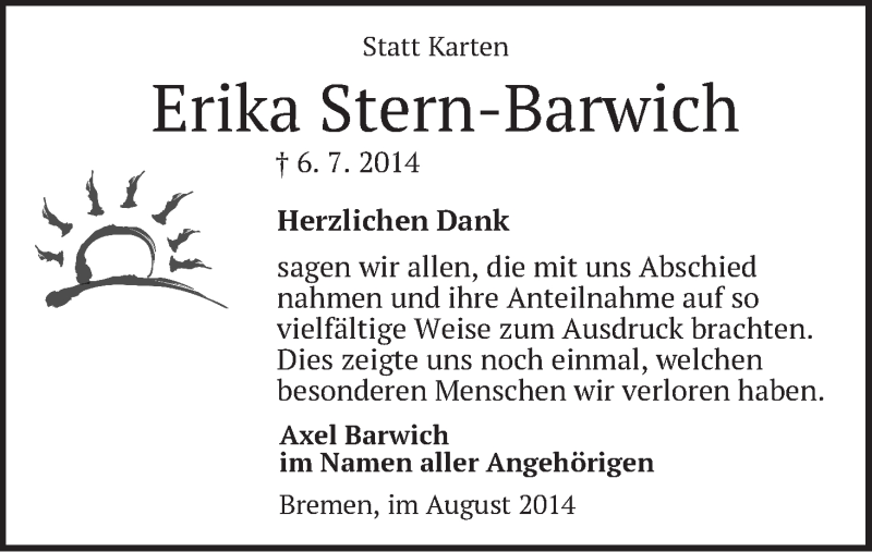 Traueranzeige von Erika Stern-Barwich von WESER-KURIER