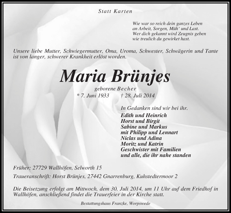 Traueranzeige von Maria Brünjes von Osterholzer Kreisblatt