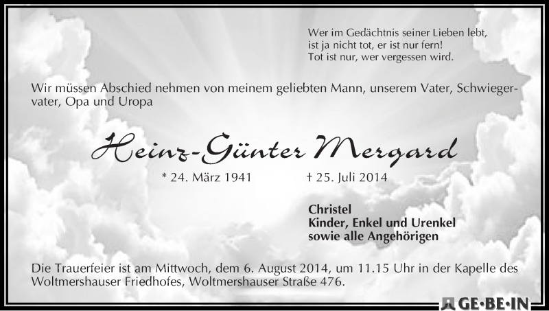 Traueranzeige von Heinz-Günther Mergard von WESER-KURIER
