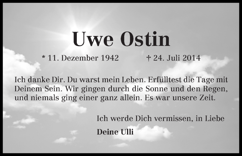  Traueranzeige für Uwe Ostin vom 02.08.2014 aus WESER-KURIER