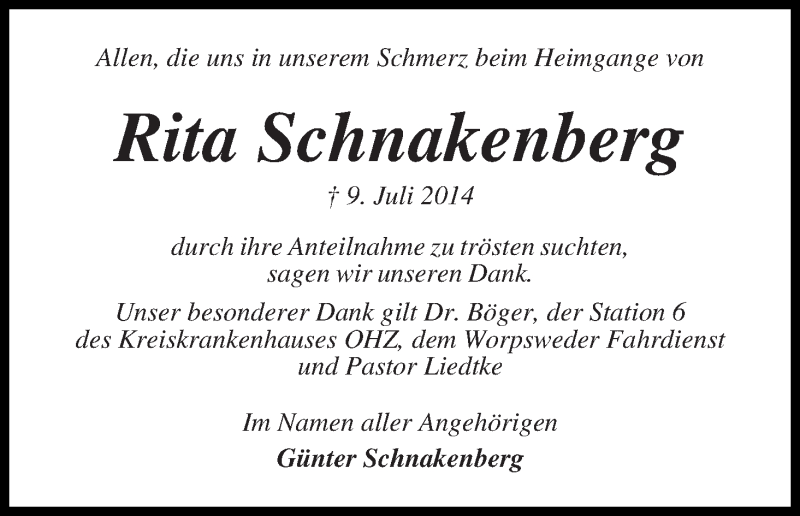 Traueranzeige von Rita Schnakenberg von Osterholzer Kreisblatt