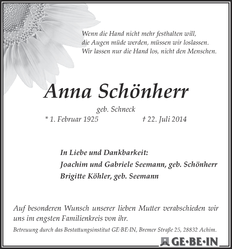 Traueranzeige von Anna Schönherr von WESER-KURIER
