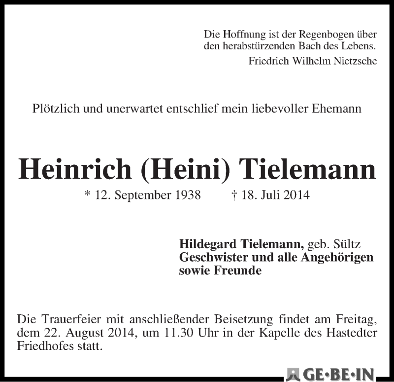 Traueranzeige von Heinrich  Tielemann von WESER-KURIER
