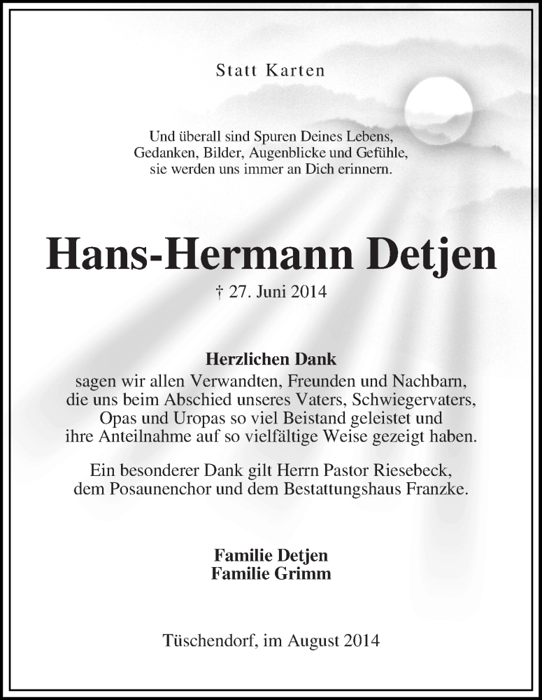 Traueranzeige von Hans-Hermann Detjen von Wuemme Zeitung