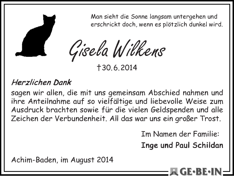 Traueranzeige von Gisela Wilkens von WESER-KURIER