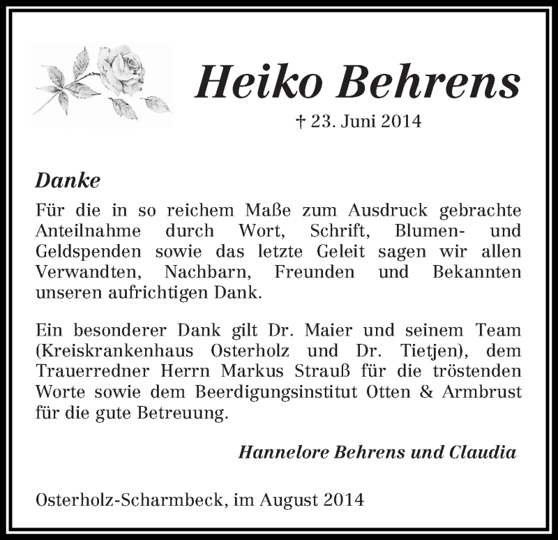  Traueranzeige für Heiko Behrens vom 02.08.2014 aus Osterholzer Kreisblatt