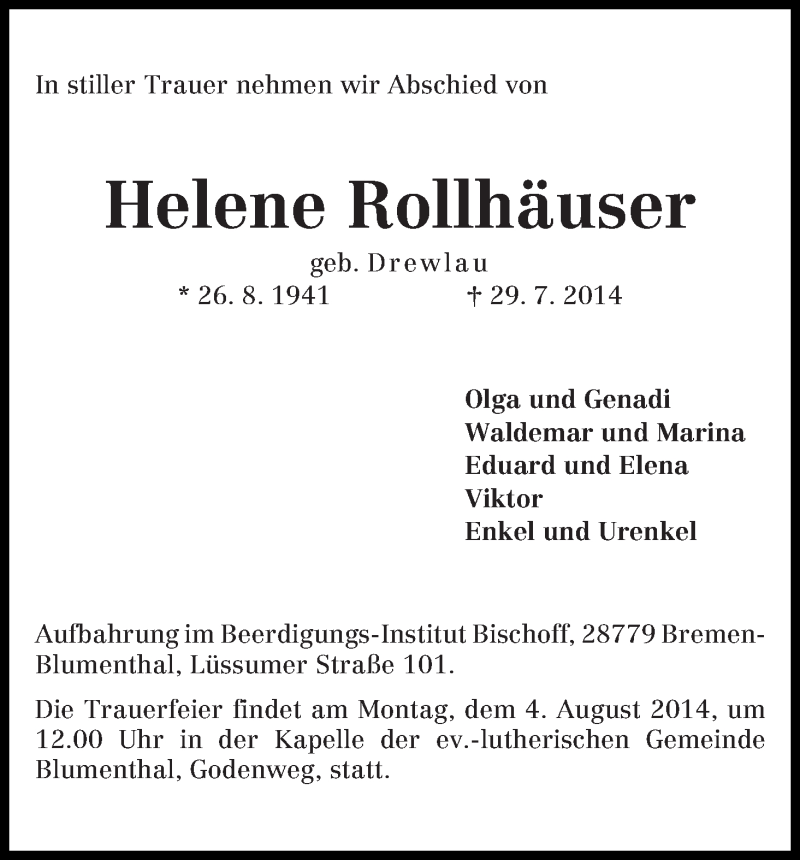 Traueranzeige von Helene Rollhäuser von Die Norddeutsche