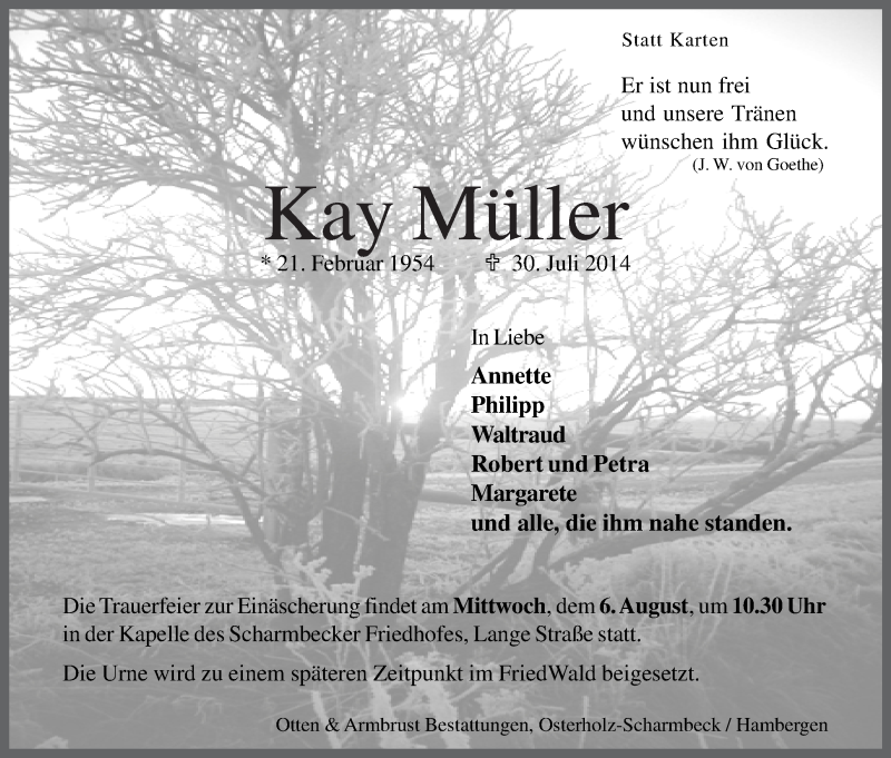 Traueranzeige von Kay Müller von Osterholzer Kreisblatt