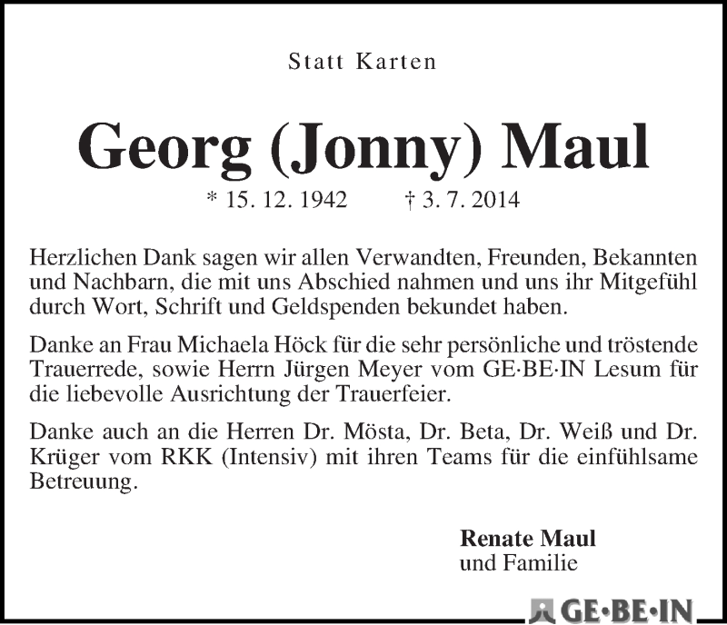 Traueranzeige von Georg  Maul von WESER-KURIER