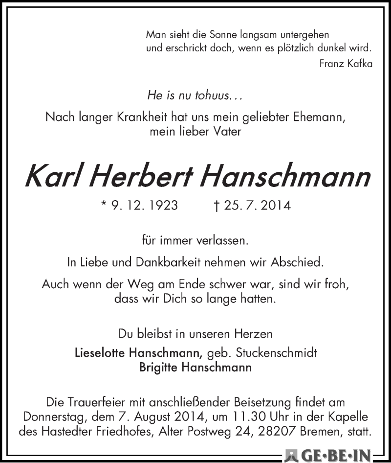 Traueranzeige von Karl Herbert Hanschmann von WESER-KURIER