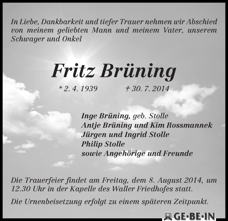 Traueranzeige von Fritz Brüning von WESER-KURIER