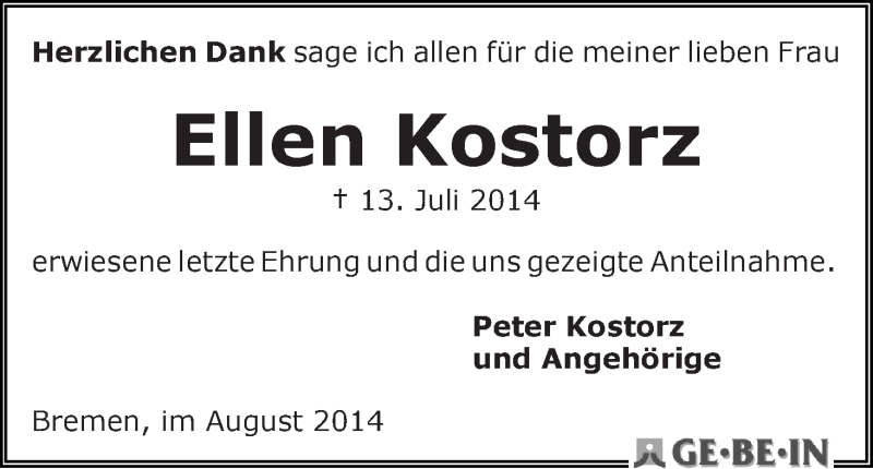 Traueranzeige von Ellen Kostorz von WESER-KURIER
