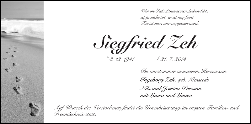  Traueranzeige für Siegfried Zeh vom 02.08.2014 aus Regionale Rundschau/Syker Kurier