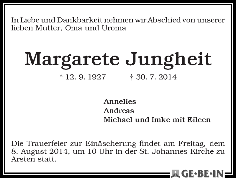 Traueranzeige von Margarete Jungheit von WESER-KURIER