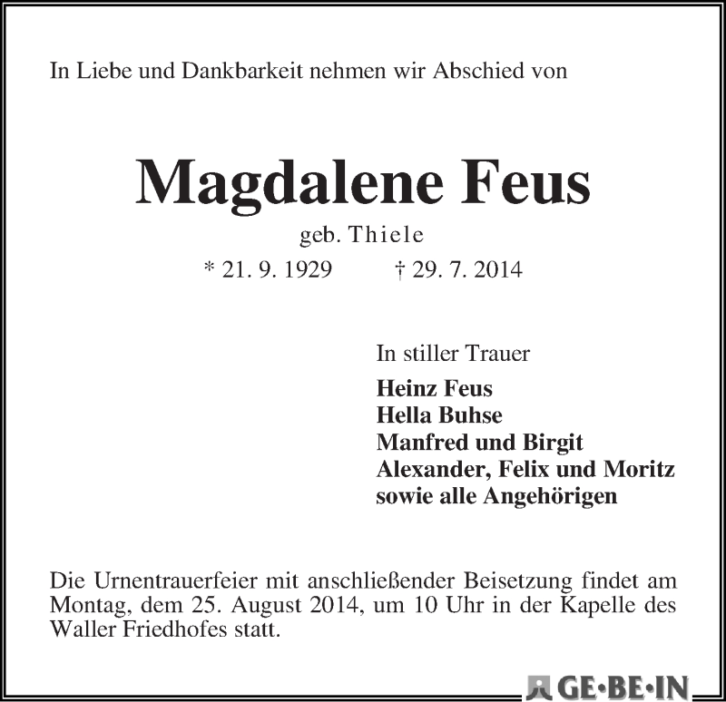 Traueranzeige von Magdalene Feus von WESER-KURIER