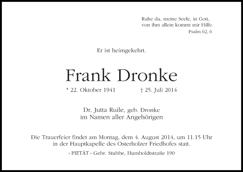 Traueranzeige von Frank Dronke von WESER-KURIER