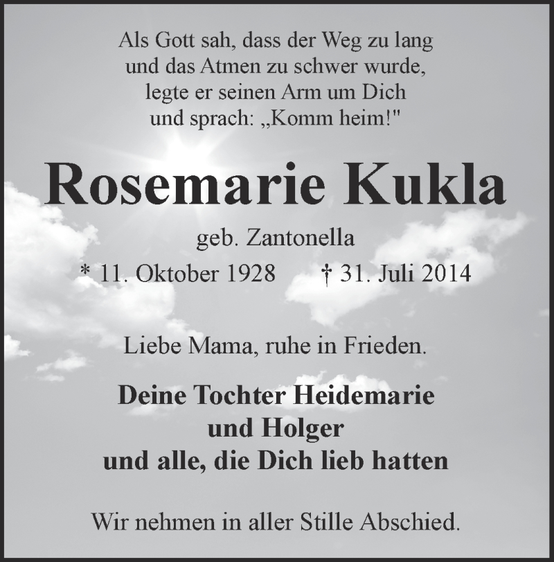  Traueranzeige für Rosemarie Kukla vom 02.08.2014 aus WESER-KURIER