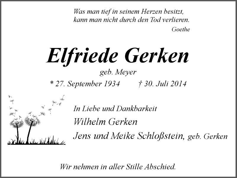 Traueranzeige von Elfriede Gerken von WESER-KURIER