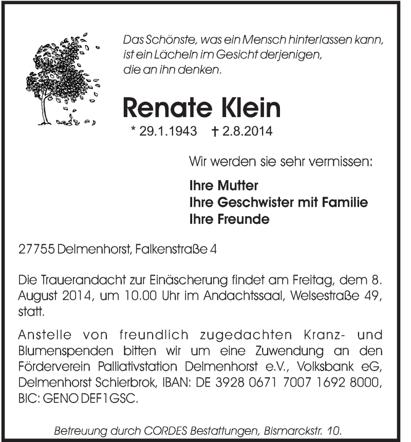 Traueranzeige von Renate Klein von WESER-KURIER