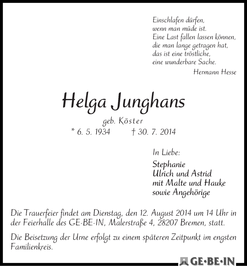 Traueranzeigen von Helga Junghans Trauer Gedenken