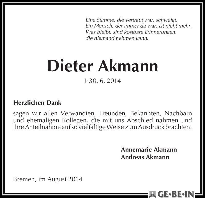 Traueranzeige von Dieter Akmann von WESER-KURIER