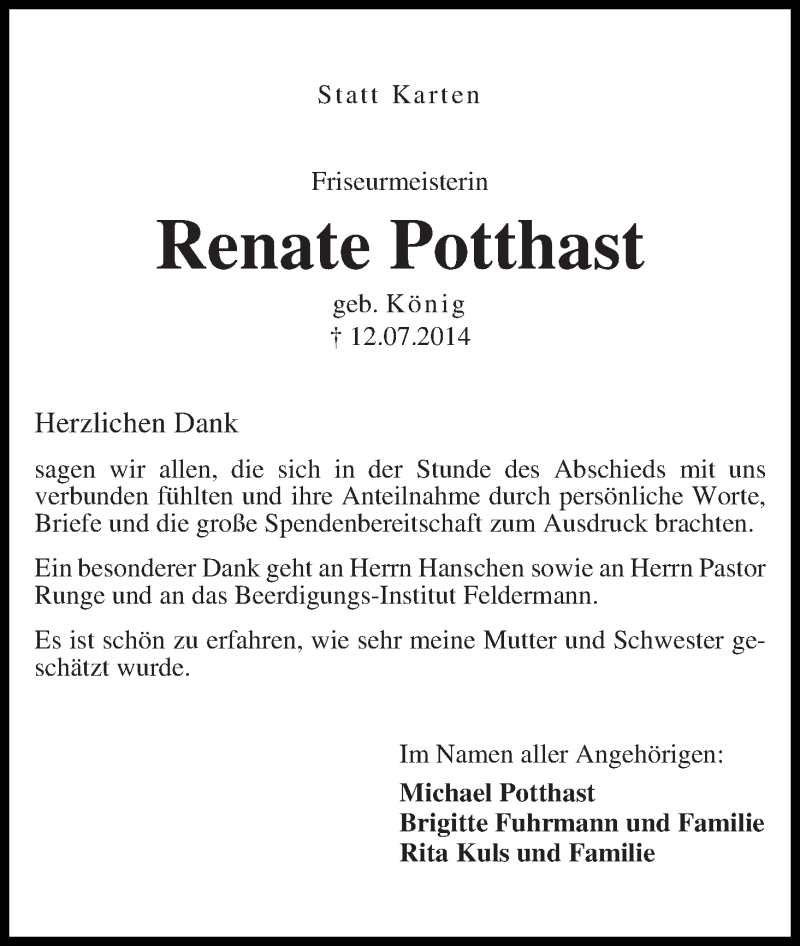  Traueranzeige für Renate Potthast vom 06.08.2014 aus Die Norddeutsche