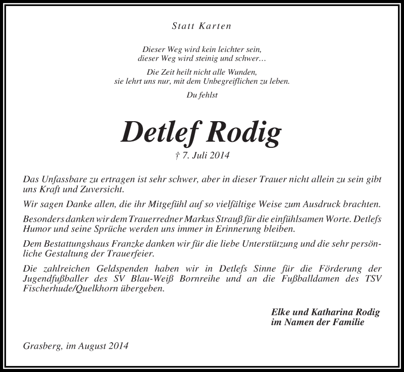  Traueranzeige für Detlef Rodig vom 23.08.2014 aus Wuemme Zeitung