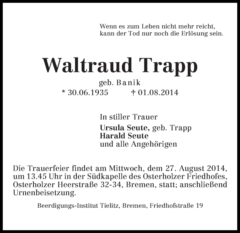 Traueranzeige von Waltraud Trapp von WESER-KURIER