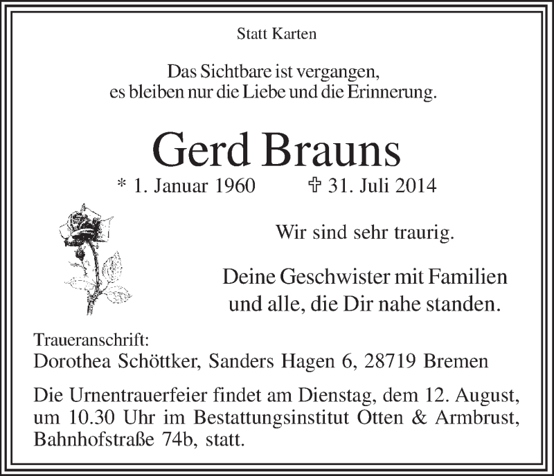 Traueranzeige von Gerd Brauns von Osterholzer Kreisblatt