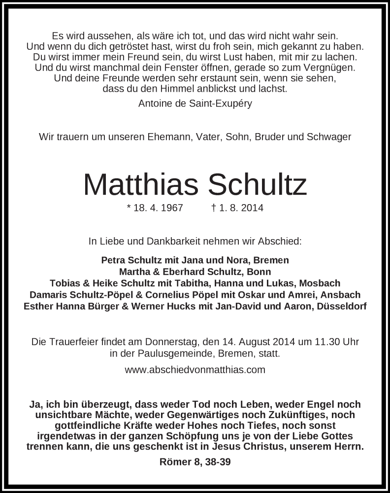  Traueranzeige für Matthias Schultz vom 07.08.2014 aus WESER-KURIER