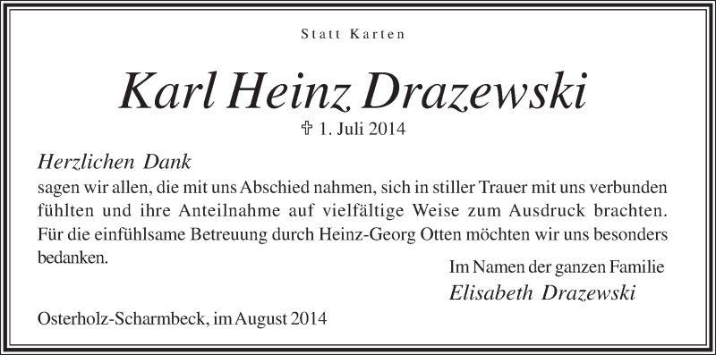 Traueranzeige von Karl Heinz Drazewski von Osterholzer Kreisblatt