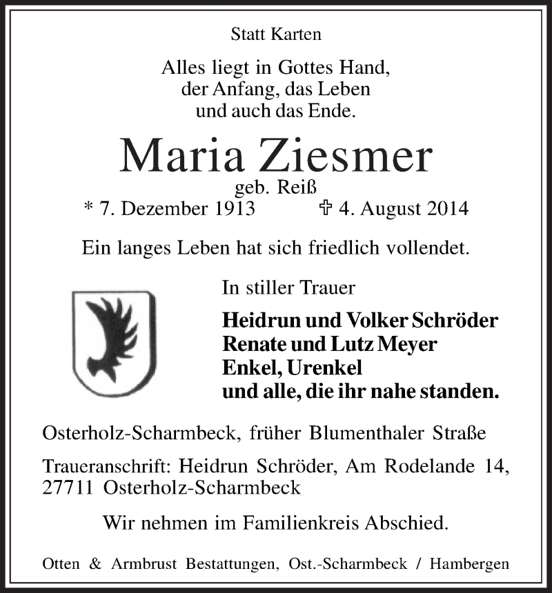 Traueranzeige von Maria Ziesmer von Osterholzer Kreisblatt