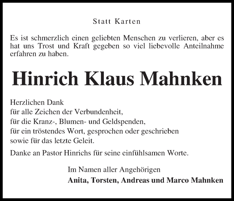 Traueranzeige von Hinrich Klaus Mahnken von WESER-KURIER