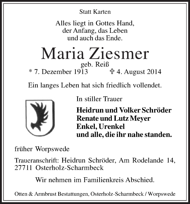 Traueranzeige von Maria Ziesmer von Wuemme Zeitung