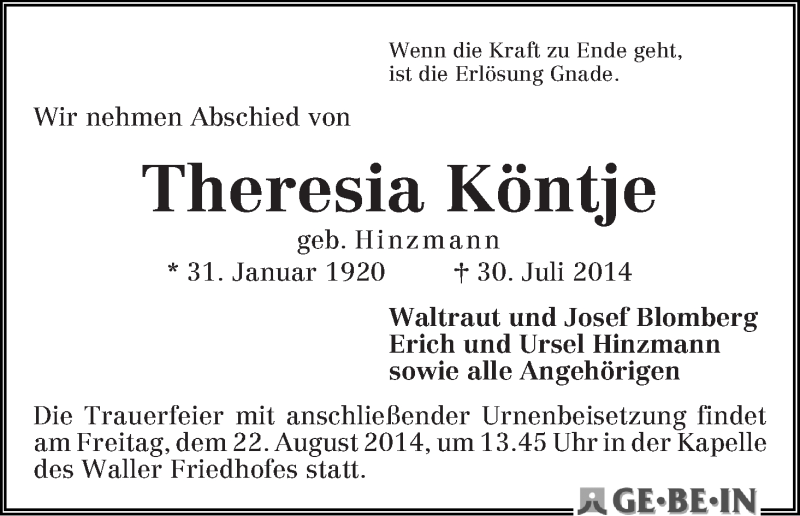 Traueranzeige von Theresia Köntje von WESER-KURIER