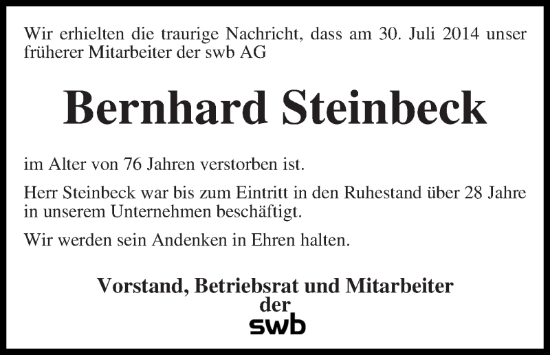 Traueranzeige von Bernhard Steinbeck von WESER-KURIER