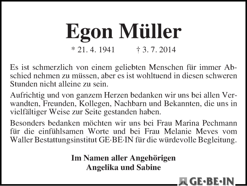 Traueranzeige von Egon Müller von WESER-KURIER