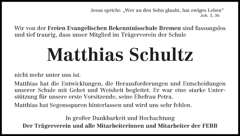  Traueranzeige für Matthias Schultz vom 08.08.2014 aus WESER-KURIER