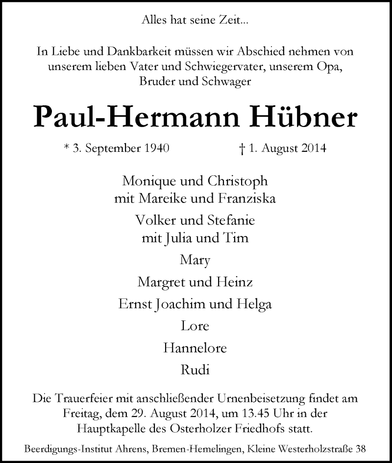 Traueranzeige von Paul-Hermann Hübner von WESER-KURIER