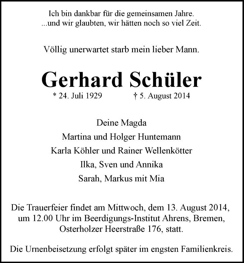 Traueranzeige von Gerhard Schüler von WESER-KURIER