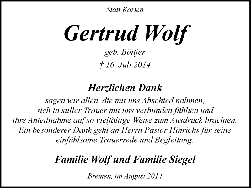 Traueranzeige von Gertrud Wolf von WESER-KURIER