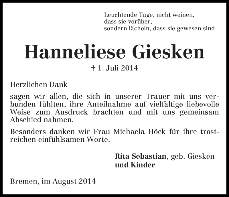Traueranzeige von Hanneliese Giesken von WESER-KURIER