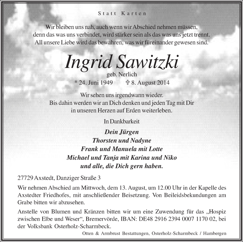 Traueranzeige von Ingrid Sawitzki von Osterholzer Kreisblatt