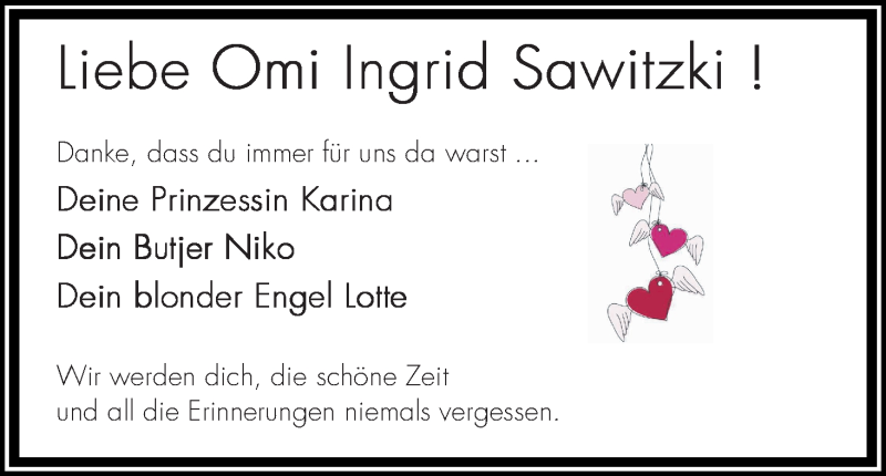 Traueranzeige von Ingrid Sawitzki von Osterholzer Kreisblatt