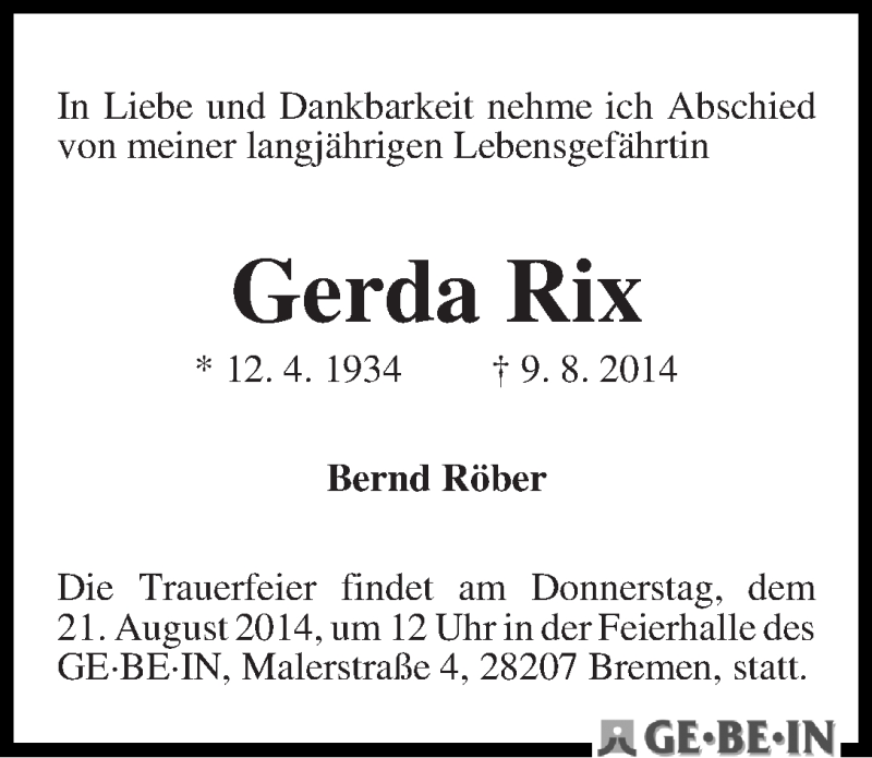 Traueranzeige von Gerda Rix von WESER-KURIER