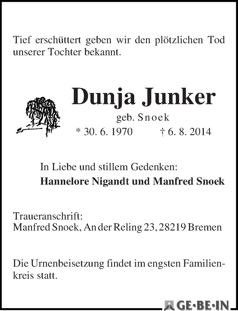 Traueranzeige von Dunja Junker von WESER-KURIER