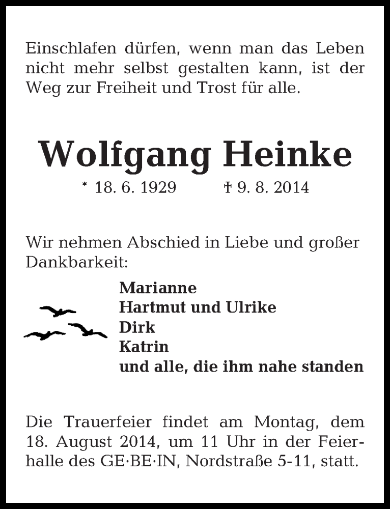 Traueranzeige von Wolfgang Heinke von WESER-KURIER