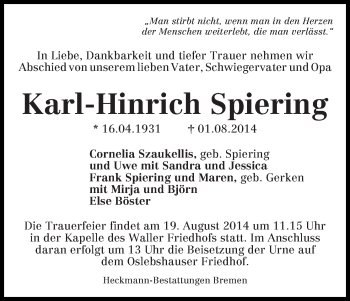 Traueranzeige von Karl-Hinrich Spiering